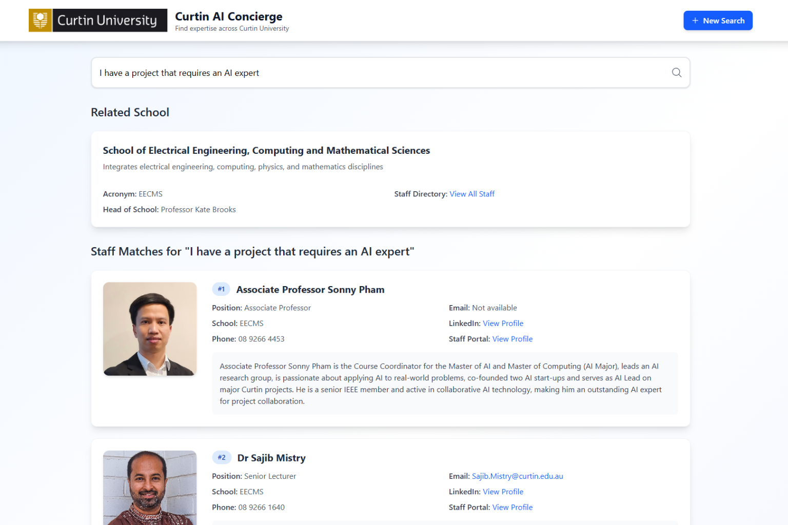 Screenshot of Curtin AI Concierge reccomendations