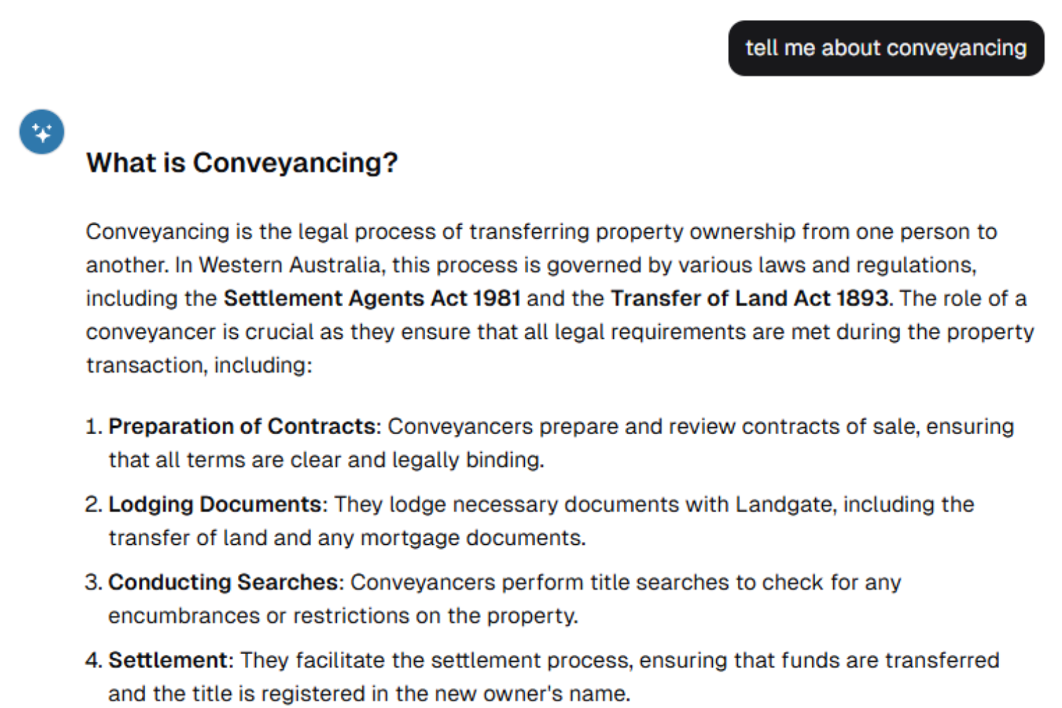 Screenshot of SettleIQ, the legal conveyancing chatbot